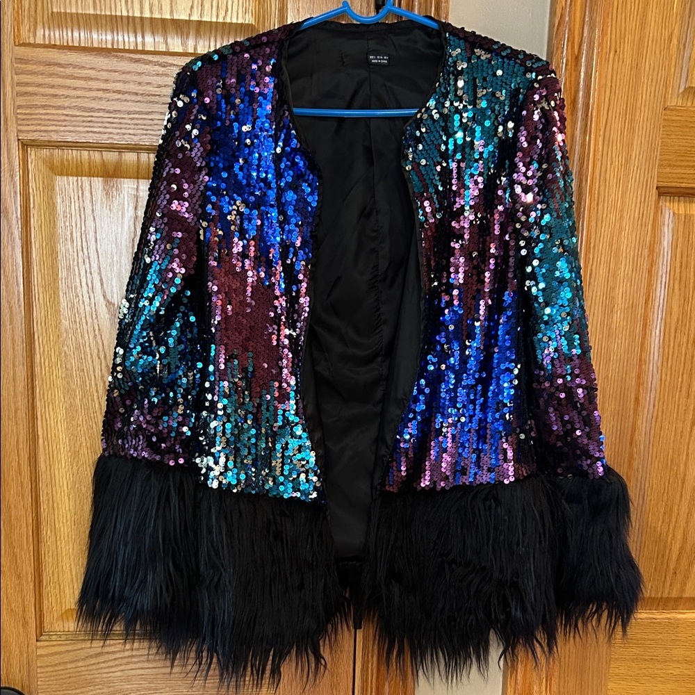 Stylish Sequin Faux Fur Black Blue Purple Jacket Women’s Size S